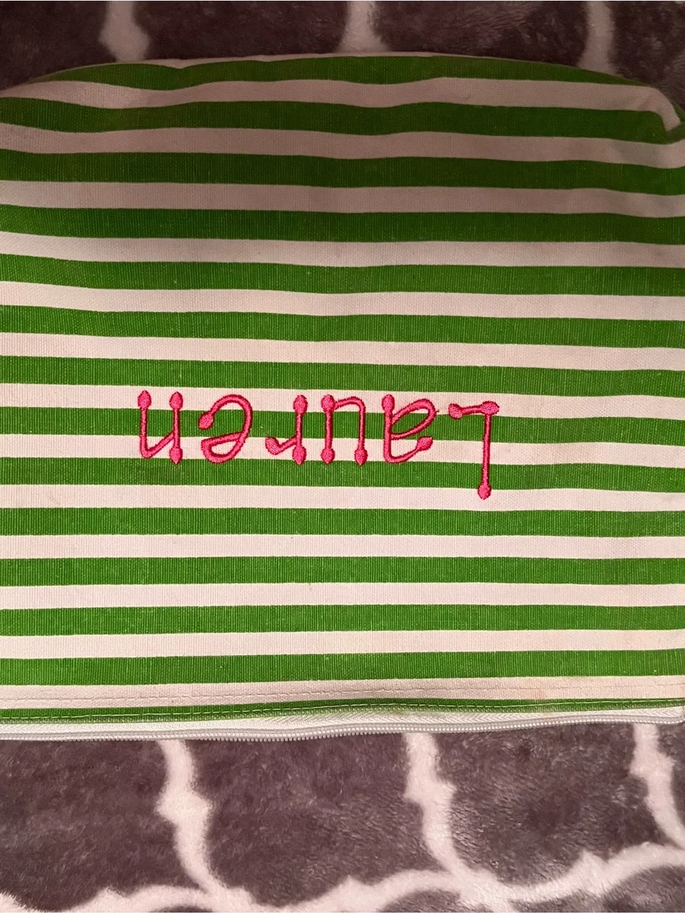thirty-one Green and White Striped Cosmetic Bag with Pink Embroidery
